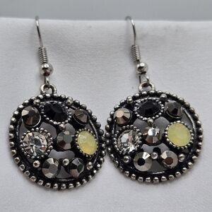 ✨2/$10✨ Round Silver Earrings Black Cluster Crystals Yellow Casual Gift
